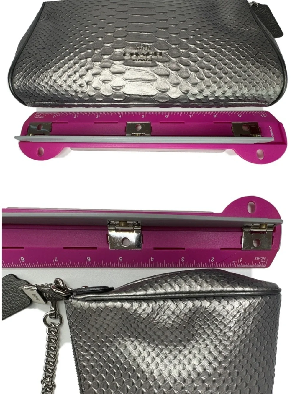 Coach Carrie Python Embossed Leather F35059 Pewter Silver Gunmetal Chain Bag